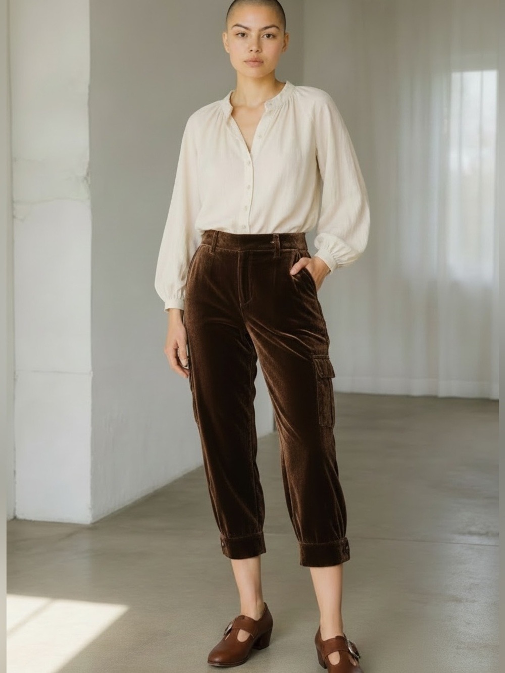 90s METRO 7 VELVET BROWN UTILITY CARGO CROP PANTS KNICKERS & CUFF AT CALF 12